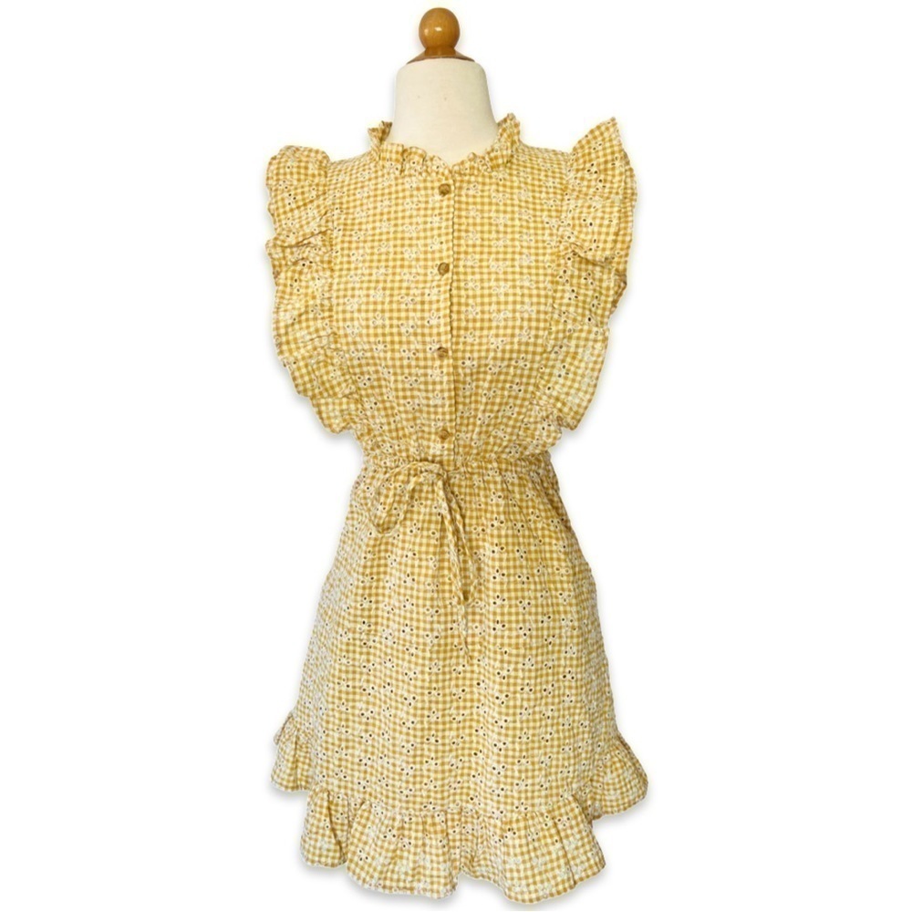 Storia Gingham Yellow Prairie Dress eyelet ruffle - Picture 2 of 9